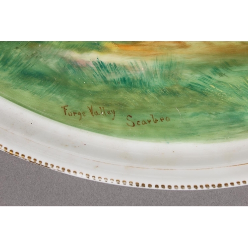 49 - 19th century porcelain twin handled serving tray with hand-painted pond scene titled 'Forge Valley S... 