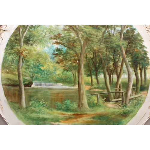 49 - 19th century porcelain twin handled serving tray with hand-painted pond scene titled 'Forge Valley S... 