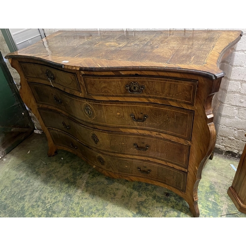 511 - Antique serpentine fronted marquetry inlaid baroque chest of two short over three long drawers, with... 