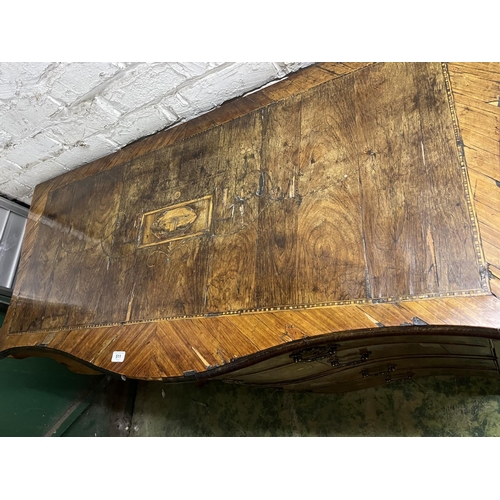 511 - Antique serpentine fronted marquetry inlaid baroque chest of two short over three long drawers, with... 