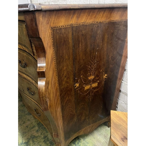 511 - Antique serpentine fronted marquetry inlaid baroque chest of two short over three long drawers, with... 