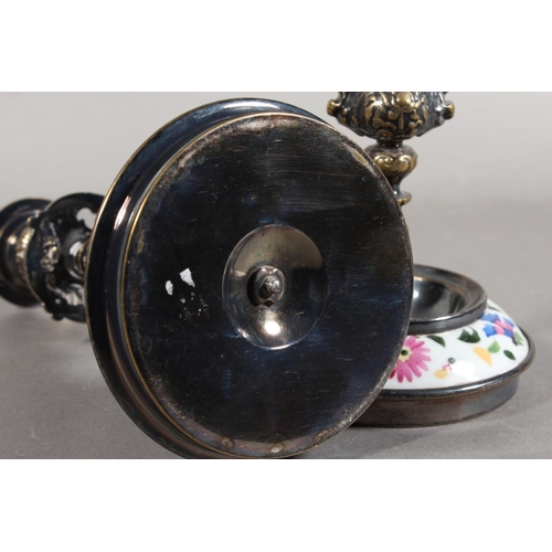 10A - Pair of silver plated and ceramic based antique style candlesticks.