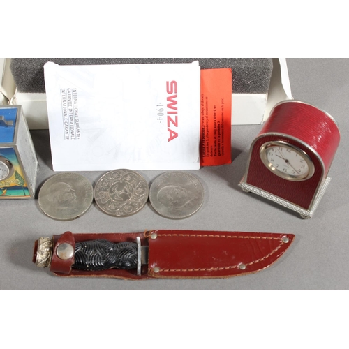 10B - Miniature clocks, Swiza clock, Gaventa of London hip flask.