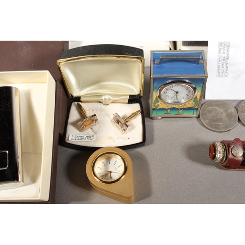 10B - Miniature clocks, Swiza clock, Gaventa of London hip flask.