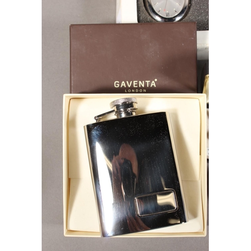 10B - Miniature clocks, Swiza clock, Gaventa of London hip flask.
