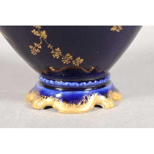 277 - Limoges for Maple and Co London vase with blue ground and elaborate gilt decoration, 19cm tall.