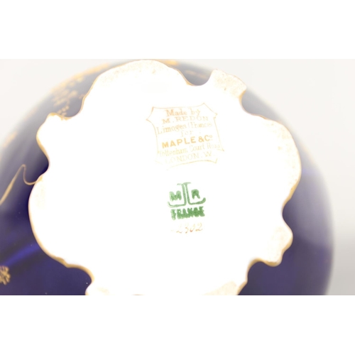 277 - Limoges for Maple and Co London vase with blue ground and elaborate gilt decoration, 19cm tall.