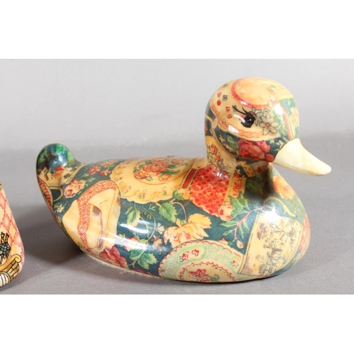 284 - Ceramic patchwork pattern duck and cat model.
