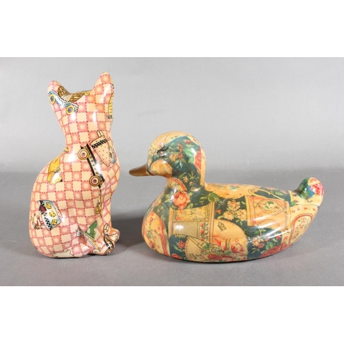 284 - Ceramic patchwork pattern duck and cat model.