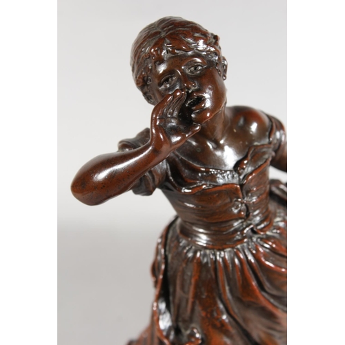 288 - Bronze effect sculpture of a girl with fish basket on stand, 30cm tall.