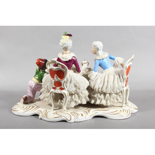 10C - Dresden of Germany figure group depicting a Victorian tea scene.