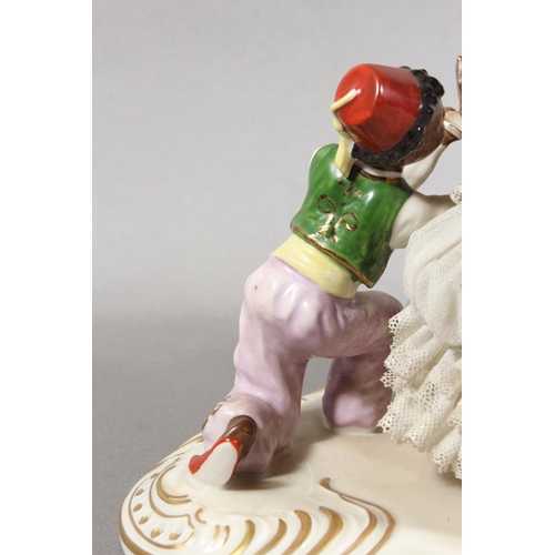 10C - Dresden of Germany figure group depicting a Victorian tea scene.