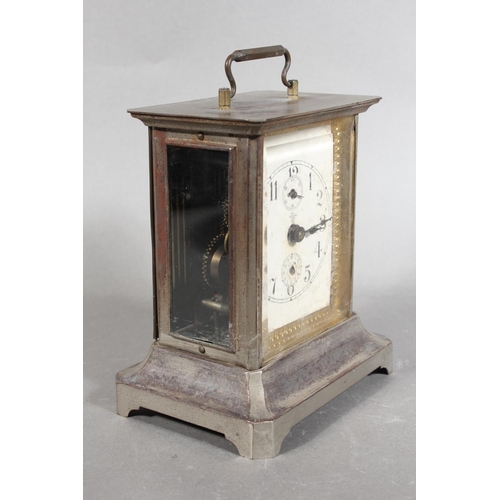 25 - Vintage carriage clock, with white face and two subsidiary dials.