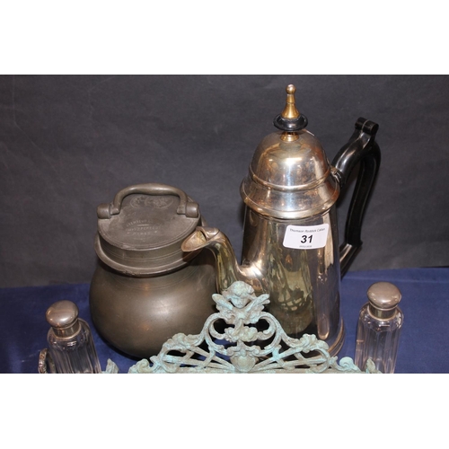 31 - French pewter canister, a hot water pot, an inkwell, napkin rings, scent bottles, etc.