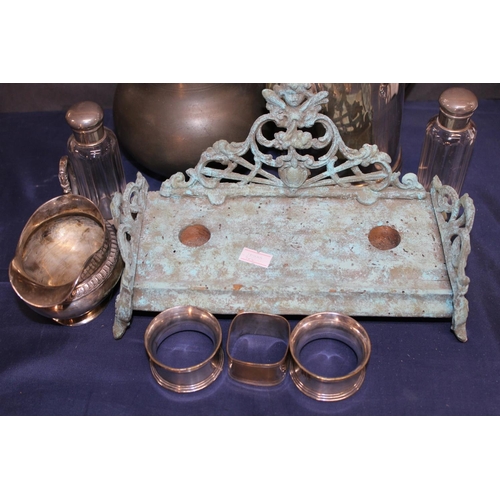 31 - French pewter canister, a hot water pot, an inkwell, napkin rings, scent bottles, etc.