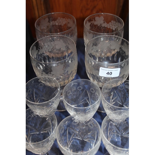 40 - Four etched glass antique style rummers, and a part suite of Edinburgh Crystal glasses.