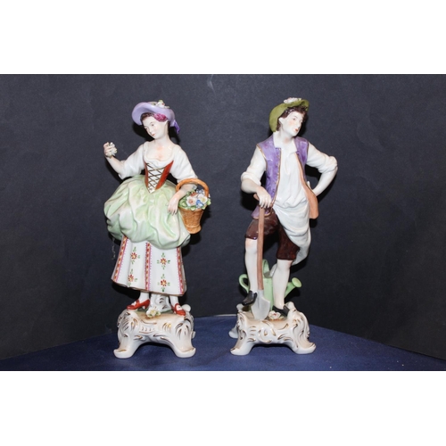 48 - Pair of Saxe of Germany porcelain figures modelled as a gentleman resting on a spade and a female ho... 