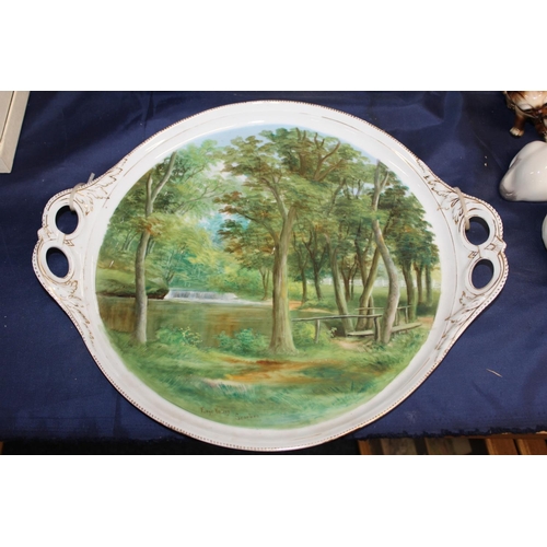49 - 19th century porcelain twin handled serving tray with hand-painted pond scene titled 'Forge Valley S... 