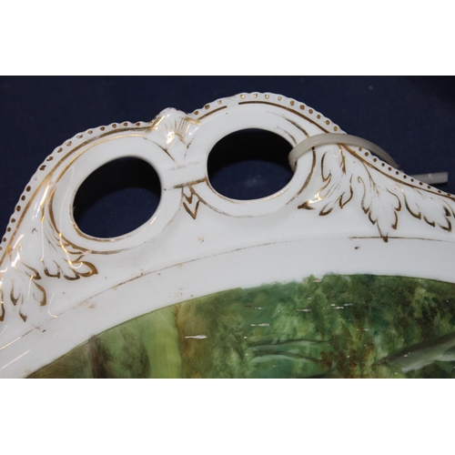 49 - 19th century porcelain twin handled serving tray with hand-painted pond scene titled 'Forge Valley S... 