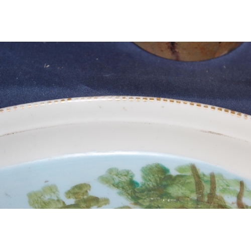 49 - 19th century porcelain twin handled serving tray with hand-painted pond scene titled 'Forge Valley S... 