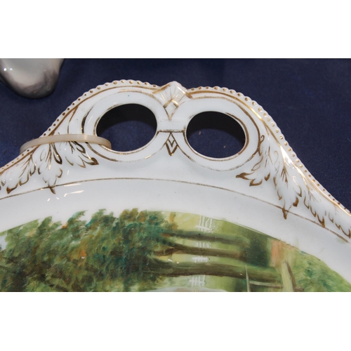49 - 19th century porcelain twin handled serving tray with hand-painted pond scene titled 'Forge Valley S... 