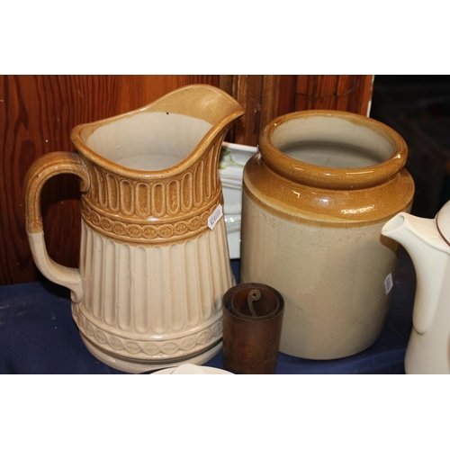 50 - Stoneware jug, a Victorian jug, a pottery pot and cover, etc.