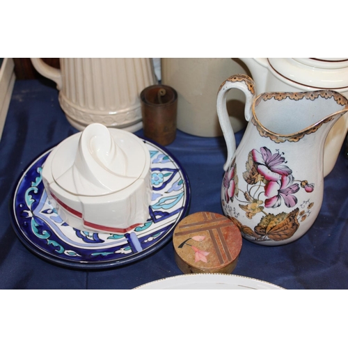 50 - Stoneware jug, a Victorian jug, a pottery pot and cover, etc.
