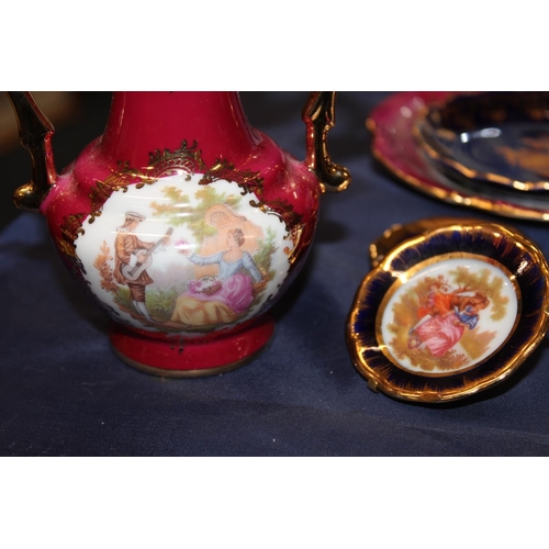 53 - Limoges Blue Castel and Fragonard style trinket boxes, a vase, dish, miniature plates, etc.
