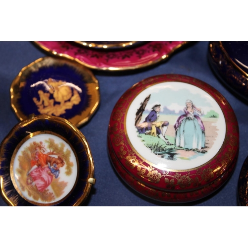53 - Limoges Blue Castel and Fragonard style trinket boxes, a vase, dish, miniature plates, etc.
