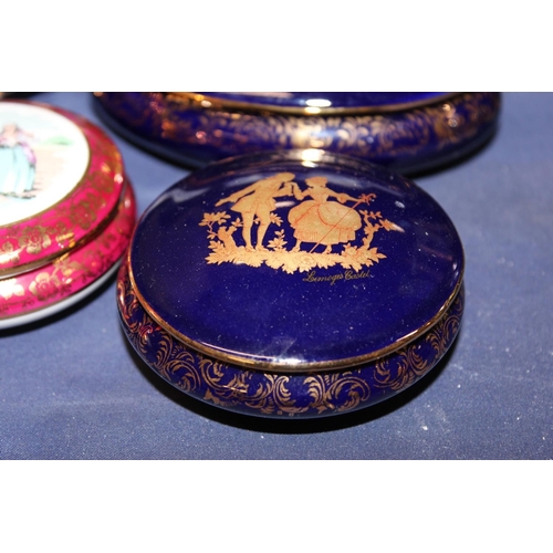 53 - Limoges Blue Castel and Fragonard style trinket boxes, a vase, dish, miniature plates, etc.