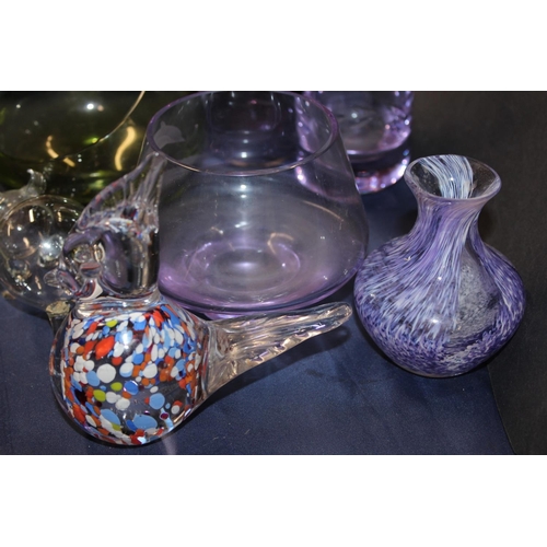 55 - Caithness Glass vases and bowls, a Murano style bird paperweight, and a glass pig.
