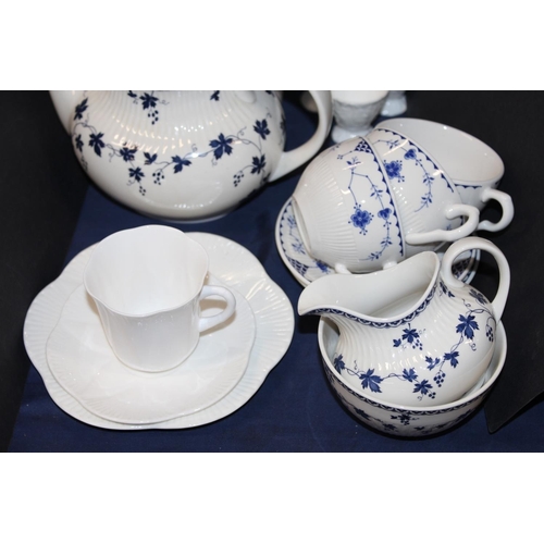 56 - Royal Doulton Yorktown teapot, jug and bowl, Johnson Bros Blue Denmark mugs, Fosters Pottery salt an... 