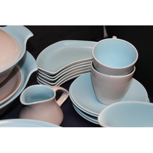 66 - Poole Pottery sky blue and dove grey part dinner set to include dinner plates, tureens and lids, cup... 