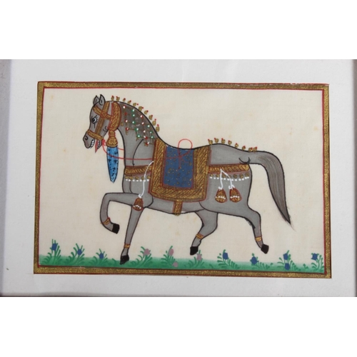 68 - Three Mughal Indian style silk pictures of royal horses, in wooden frames.