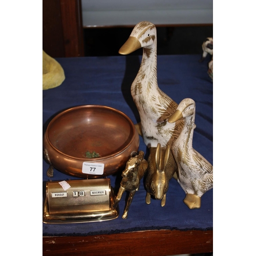 77 - Copper bowl, duck models, a brass rabbit and horse and a desk calendar.