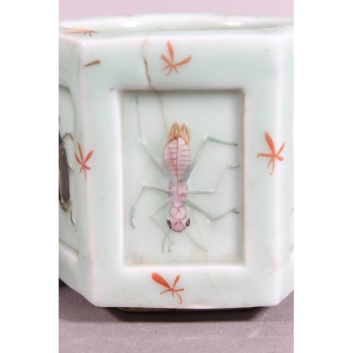 70 - Pair of oriental celadon insect decorated pots.