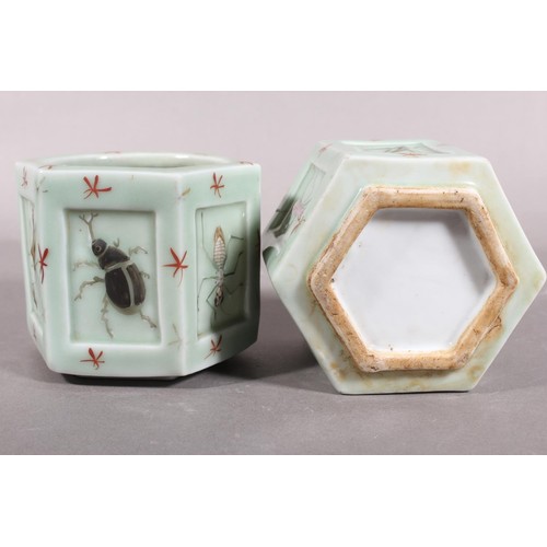 70 - Pair of oriental celadon insect decorated pots.