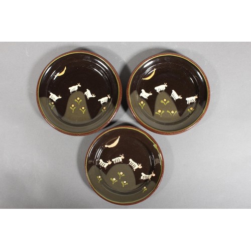 71 - Scottish Studio Pottery set of three graduated plates with sheep and moon decoration by Christine Sm... 