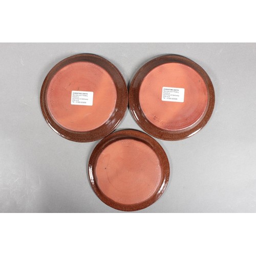 71 - Scottish Studio Pottery set of three graduated plates with sheep and moon decoration by Christine Sm... 