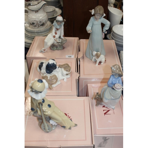 106 - Five Nao figures, boxed, to include a clown, a dog group, etc.
