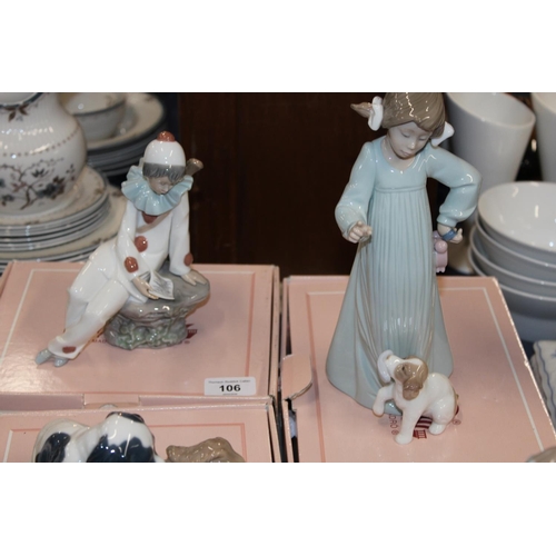 106 - Five Nao figures, boxed, to include a clown, a dog group, etc.