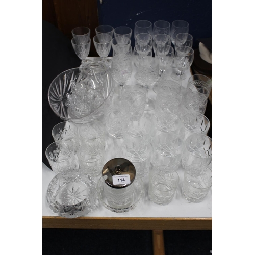 114 - Glassware to include wine glasses, tumblers, bowls, etc.