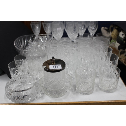 114 - Glassware to include wine glasses, tumblers, bowls, etc.