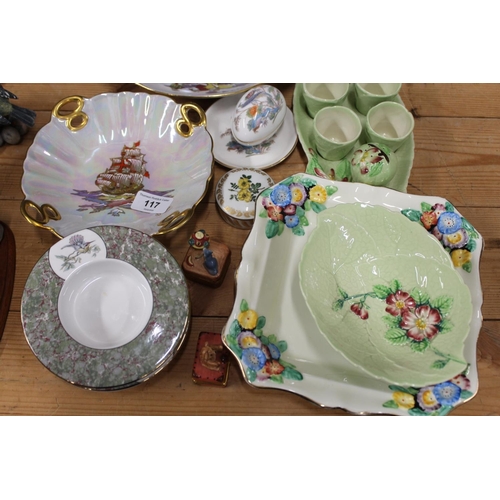 117 - Carlton ware cruet set, a bowl, Crown Devon dishes, Wedgwood dishes, vases, etc.