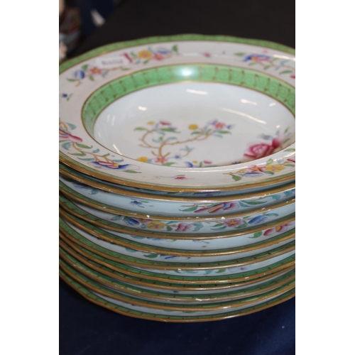 125 - Antique green and gilt border floral decorated bowls, a pair of antique gilt decorated plates, and o... 