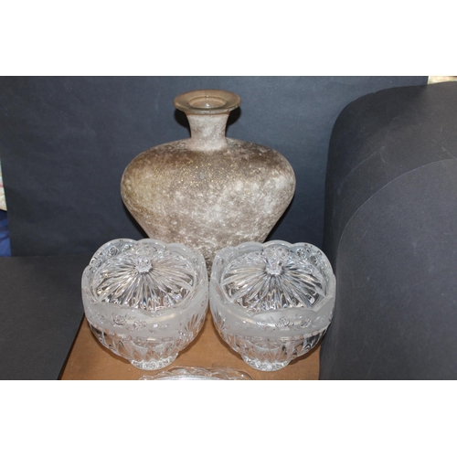 129 - Glassware to include a Jubilee dish, a pair of glass pots and covers, a vase, etc.&nbsp;