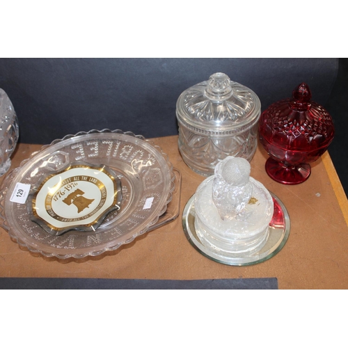 129 - Glassware to include a Jubilee dish, a pair of glass pots and covers, a vase, etc.&nbsp;