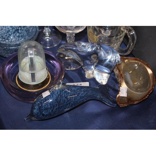 134 - Art Glass dolphin paperweight, a polar bear paperweight, an agate style ashtray, glasses, vase, etc.