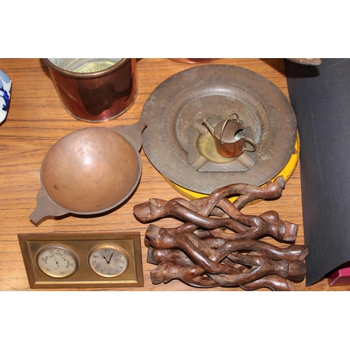 152 - Copper, jug, pot, clock and barometer by Harrods of London, etc.