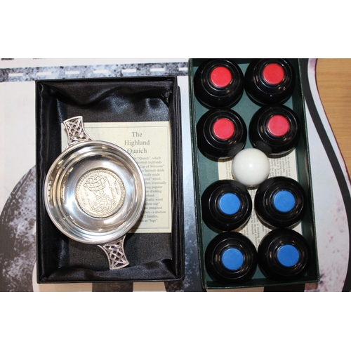 160 - Route 66 sign, a pewter quaich and a mini carpet bowls set.